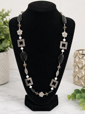 Premier Designs 28" Black Silver Tone Beaded Statement Necklace + 3" Extender